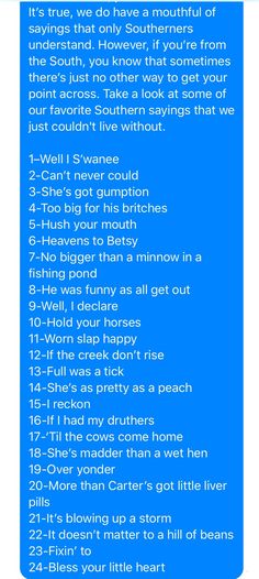 a blue and white poster with some words on it