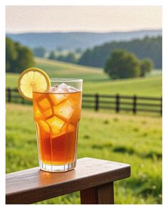 a drink with ice and lemon on a wooden table in front of a fenced field