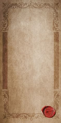 a red wax stamp sitting on top of a piece of paper with an ornate border around it