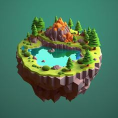 a low poly model of a lake surrounded by trees