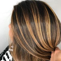 Brown With Chunky Caramel Highlights, Chunky Caramel Highlights On Brown Hair, Caramel Chunky Highlights, Tiger Highlights Hair, Caramel Chunky Highlights On Dark Hair, Tiger Highlights, Honey Brown Chunky Highlights, Stripes Hair Color Highlights, Tiger Stripe Hair Highlights