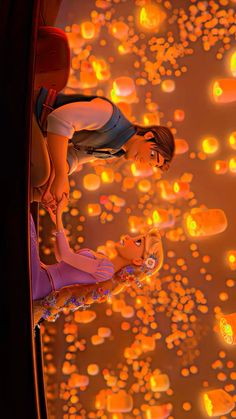 two people standing next to each other with lights in the sky behind them and balloons floating on the ground