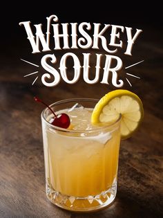 the whiskey sour cocktail is garnished with a cherry