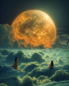 two people sitting in the clouds looking at an orange full moon above them, with one person standing on their knees