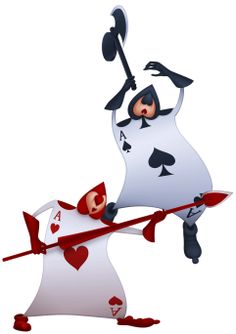 two people dressed as playing cards, one holding a stick and the other trying to hit another