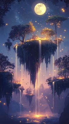A whimsical forest of floating islands with upside-down trees, where shimmering waterfalls cascade into the sky, bathed in ethereal moonlight and dotted with glowing fireflies.
