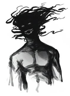 a black and white drawing of a woman's torso with hair blowing in the wind
