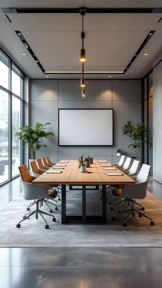A modern hybrid meeting room with a large wooden table, ergonomic chairs, an… in 2025 | Modern office interiors, Small office design interior, Office interior design modern