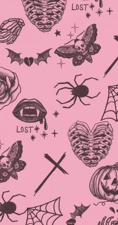 a pink background with black and white halloween tattoos on it, including bats, spider webs, skulls, hearts, and more