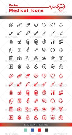 the medical icons set is shown in red and white, as well as an arrow
