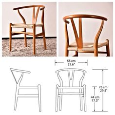 an image of a chair with measurements for the seat and back side, shown in three different views