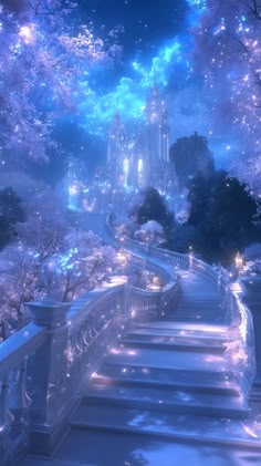 a stairway leading up to a castle in the sky with trees and lights on it
