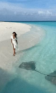 a woman in white dress walking on beach next to water with two stingfishs