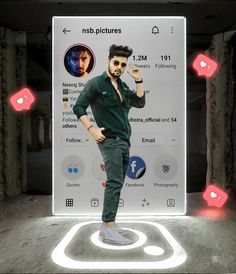 a man standing in front of a sign with his hand on his hip and pointing to the side