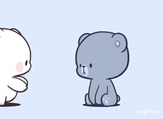 two cartoon animals sitting next to each other on a light blue background, one is gray and the other is white