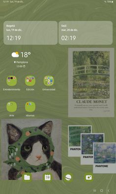 Wallpaper green inspo with a black and with cat andcsome Claude Monet paints and aestheticn