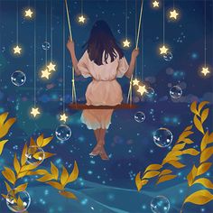 a woman is sitting on a swing in the air with bubbles floating around her and stars above