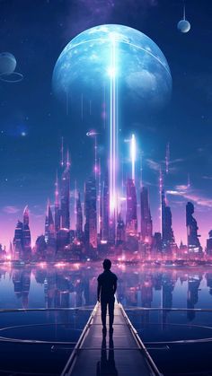 a man is standing on a bridge looking at the city and planets in the sky