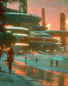 people are walking on the beach in front of futuristic buildings