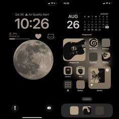 an iphone screen with the moon in the background and calendars on it's side