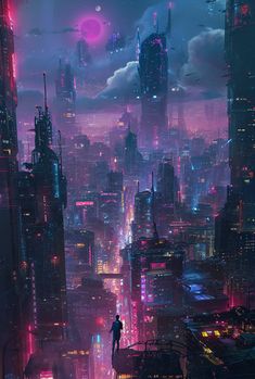 a man standing on top of a tall building in the middle of a city at night