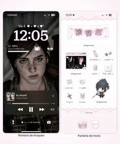 an image of a cell phone screen with anime characters on the screen and in spanish