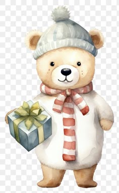 a teddy bear wearing a hat and scarf holding a gift box with a bow on it