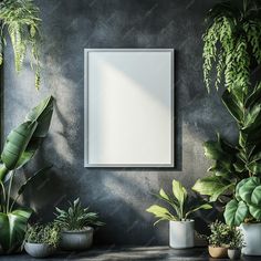 there are many potted plants in front of the white square frame on the wall