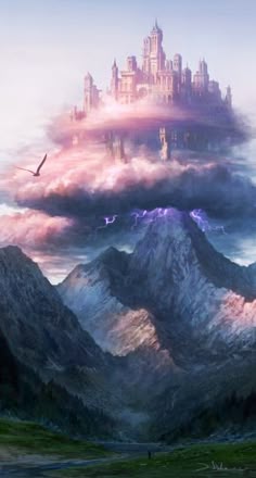 a castle in the sky with birds flying over it and clouds around it that look like they are floating on land