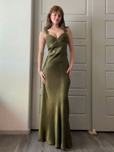 Philomena | Olive Green Sheath Satin Beaded Long Prom Dresses in 2025 | Green prom dress, Prom dresses long, Green prom dress long