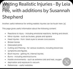 a poster with the words writing realistic injuries - by - person, free, with additional instructions by susan shepherd