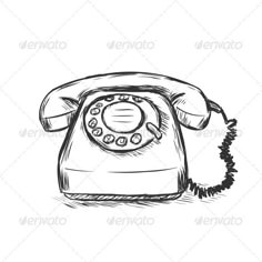 an old fashioned phone drawn in black ink on white paper - stock photo - images