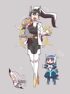an anime character with two different outfits and one is holding a baby in her arms