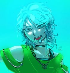 a woman with blue hair wearing a green shirt