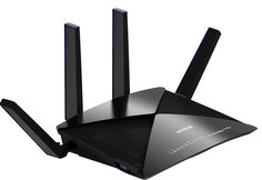 a black router with two antennas on it's sides and one is facing the camera