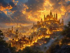 an image of a castle in the sky at night with clouds and lights on it