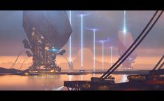 an image of some sci - fi scenery with lights in the sky and ships on the water