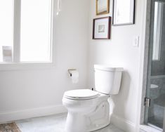 a white toilet sitting in a bathroom next to a shower stall and framed pictures on the wall