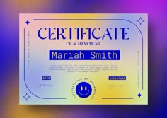 a blue and yellow certificate with stars on the bottom, in front of a blurry background