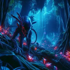 an alien in the middle of a forest