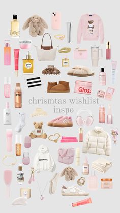 christmas wishlist inspo with pink and white items in the shape of a circle