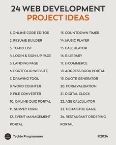 the 24 web development project ideas list is shown in orange and white, with text overlay