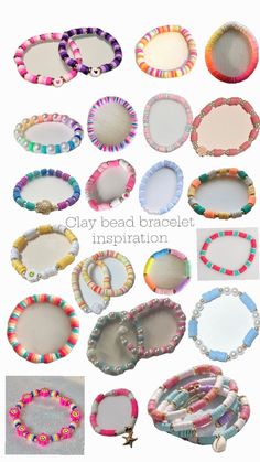 a bunch of bracelets that are made out of different colors and sizes, with the words clay bead bracelet inspiration on them