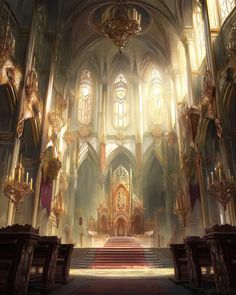 the interior of an old church with stained glass windows and chandeliers hanging from the ceiling