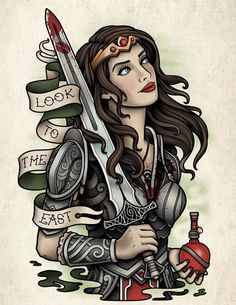 Viking Pinup Tattoo, Female Valkyrie Tattoo Designs, Warrior Girl Tattoo Designs, Valkyrie Pinup Tattoo, Skyrim Tattoo, Artemis Tattoo, Owl Tattoo Chest, Eagle Chest Tattoo, Xena Warrior Princess Cupid