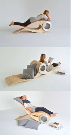 three different views of a person laying on a couch with a book in their lap