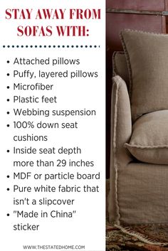 an upholstered chair with the words, stay away from sofas with pillows
