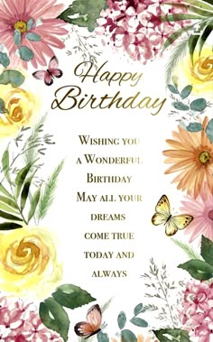 Happy Birthday Wishes with Flowers and Butterflies