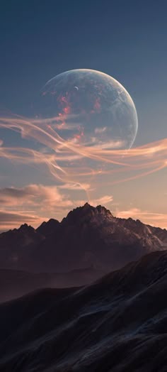 an image of the moon in the sky with clouds and mountains behind it at sunset