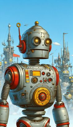 an image of a robot that is standing in front of a city with lots of buildings